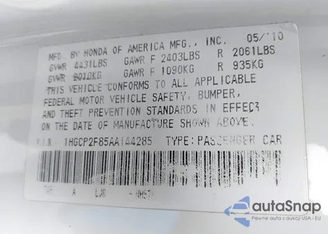 2010 Honda Accord 2.4 Ex-L from USA, damaged, VIN 1HGCP2F85AA144285